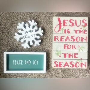 Christmas decor, wooden signs. Jesus is the reason: approx 12x8" -peace & joy :